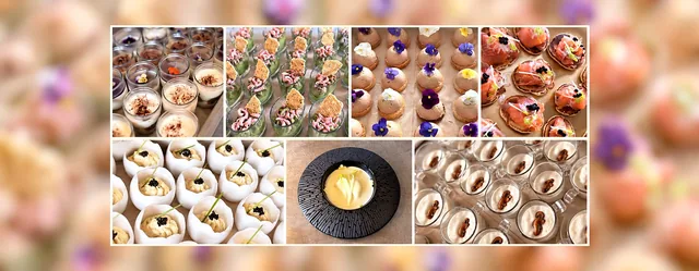 Montage panoramique de canapés, de verrines et de bouchées fleuries autour d’une assiette dressée.