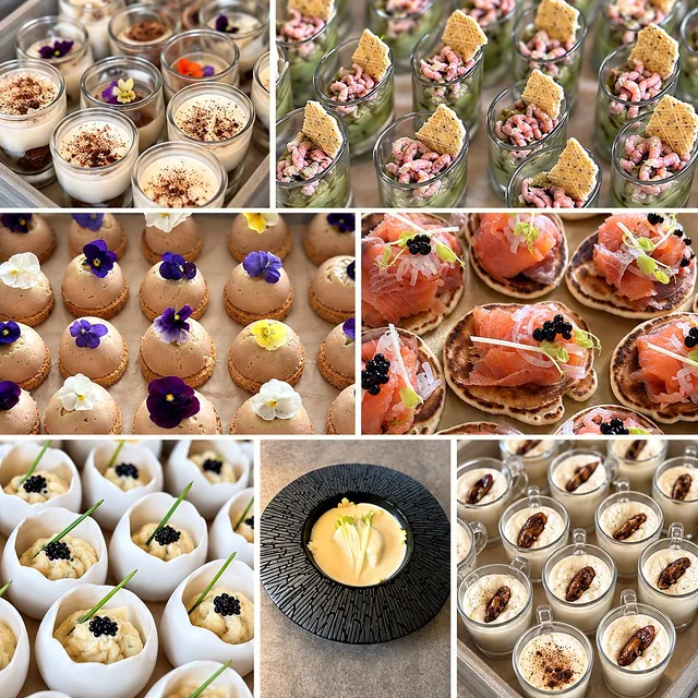 Mosaïque de préparations : canapés au saumon, verrines, bouchées fleuries et assiette noire.